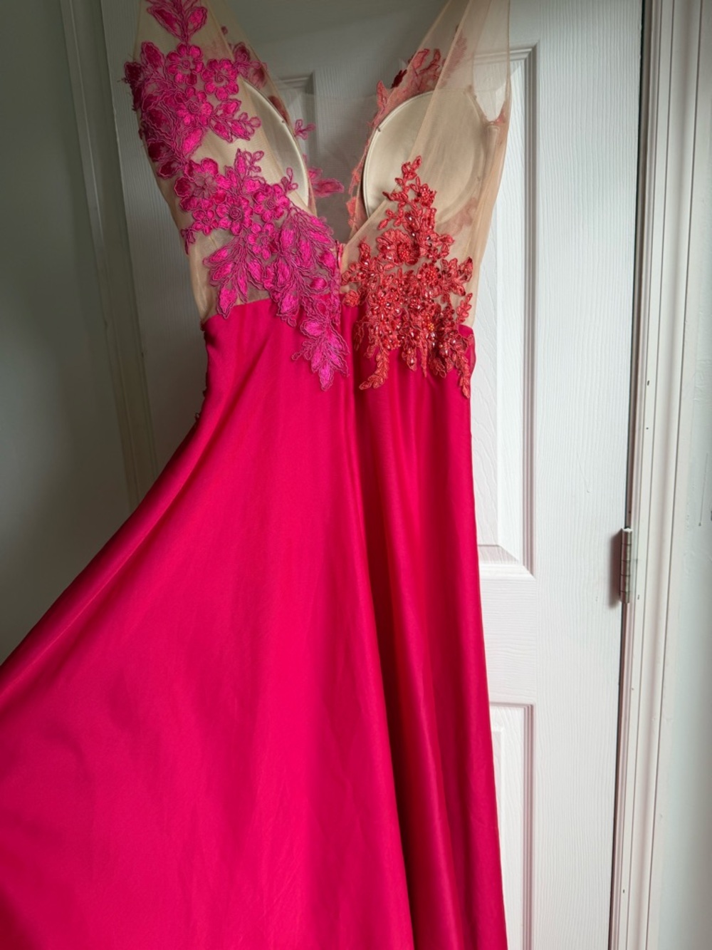 Hot Pink Evening Gown with Sheer Embroidered Bodice